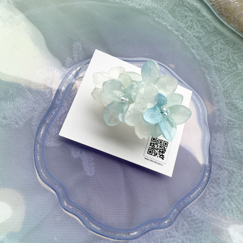 no.174 ブルーグラデの紫陽花の帯留 本物のお花 紫陽花 アナベル ブルー パール 帯留 浴衣 着物