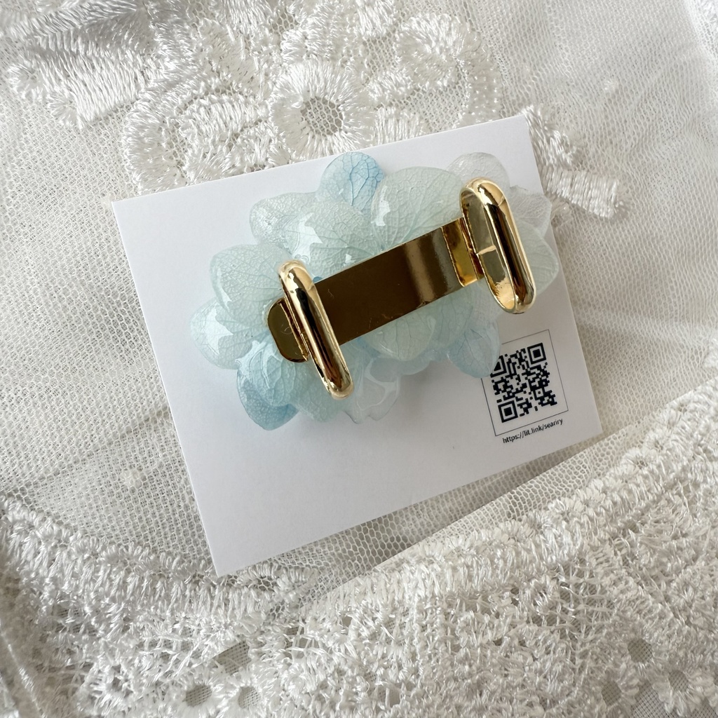 no.174 ブルーグラデの紫陽花の帯留 本物のお花 紫陽花 アナベル ブルー パール 帯留 浴衣 着物