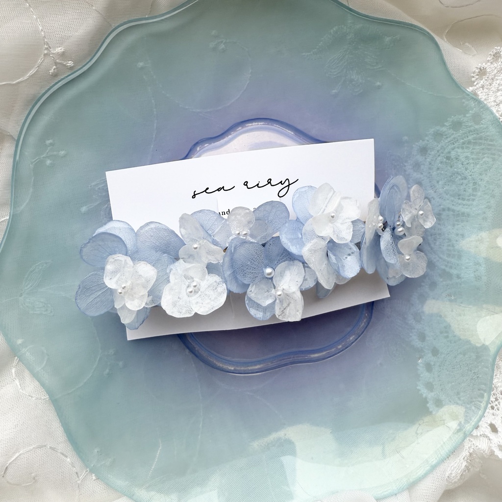 no.175 ブルーホワイトの紫陽花ヘアバレッタ 本物のお花 あじさい ホワイトアナベル パール ヘアバレッタ 髪飾り 浴衣 着物