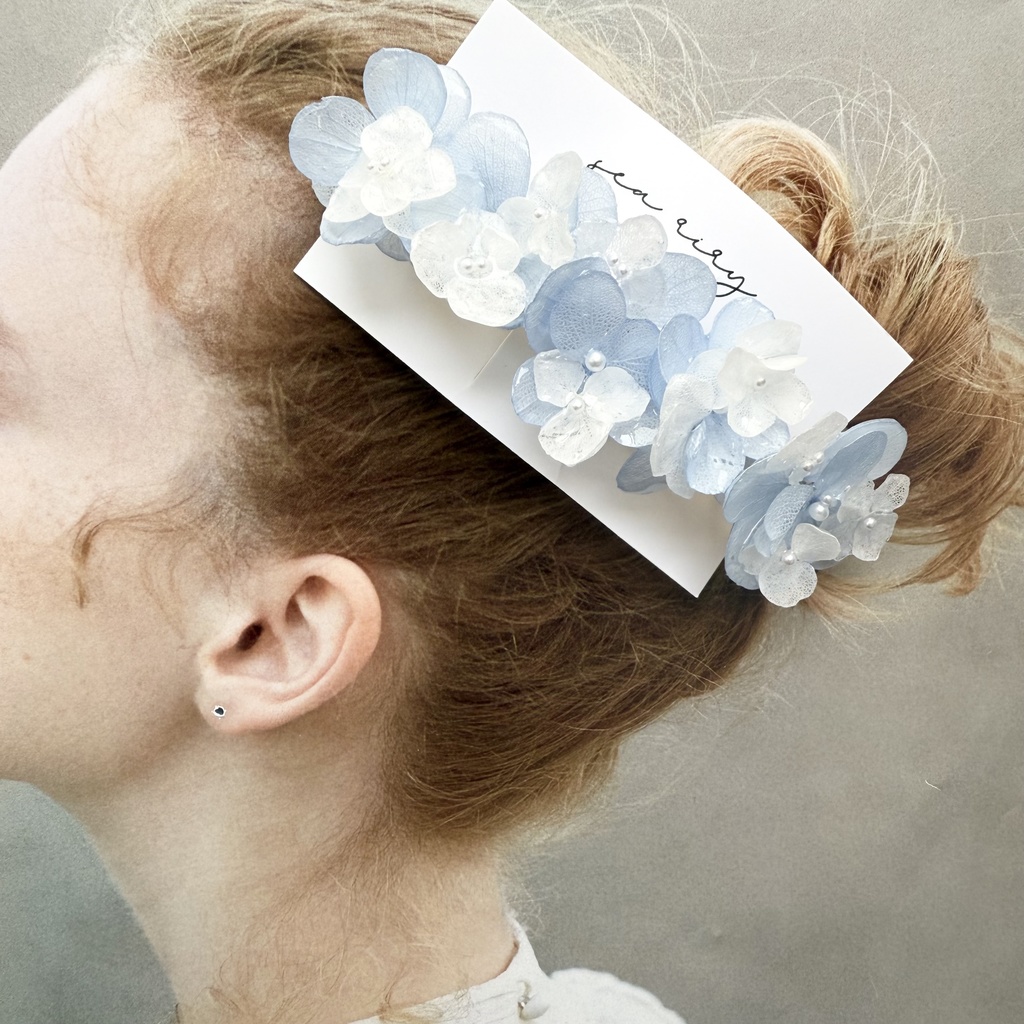no.175 ブルーホワイトの紫陽花ヘアバレッタ 本物のお花 あじさい ホワイトアナベル パール ヘアバレッタ 髪飾り 浴衣 着物