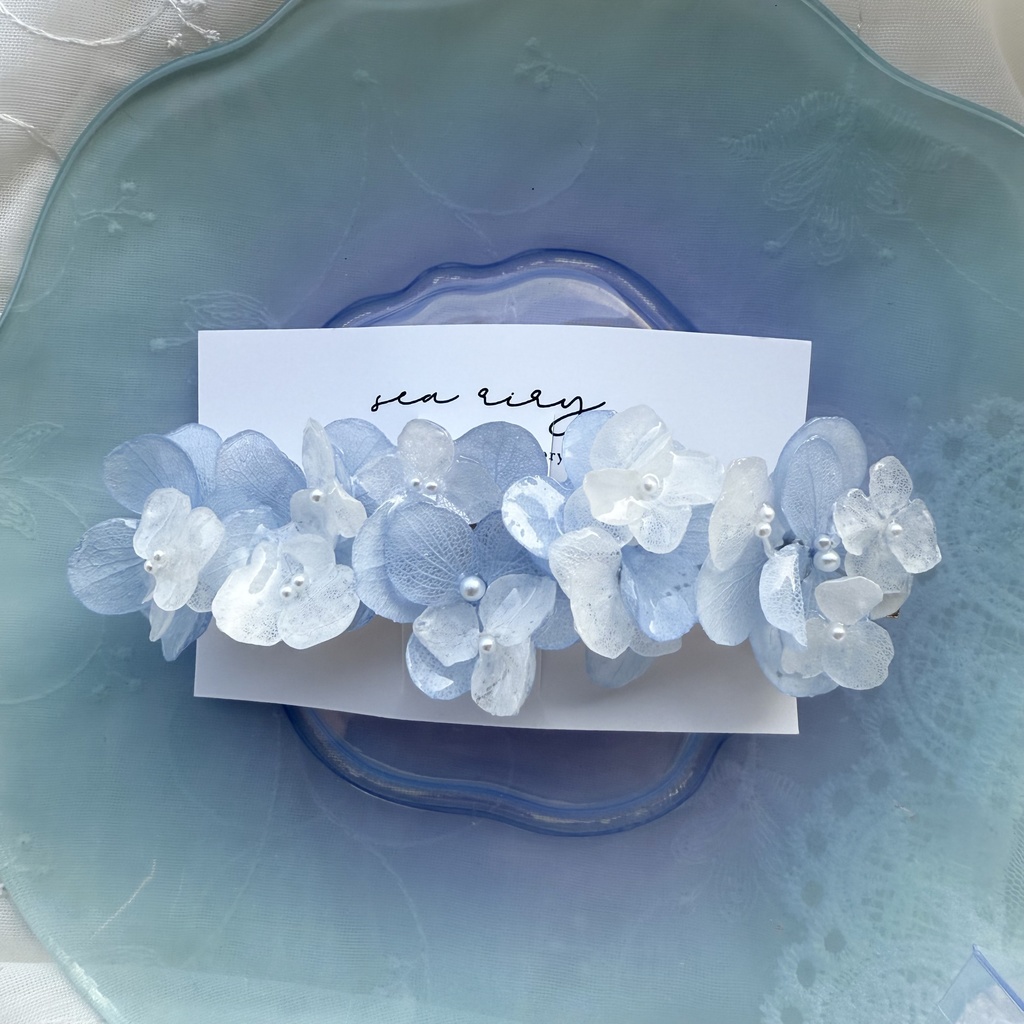 no.175 ブルーホワイトの紫陽花ヘアバレッタ 本物のお花 あじさい ホワイトアナベル パール ヘアバレッタ 髪飾り 浴衣 着物