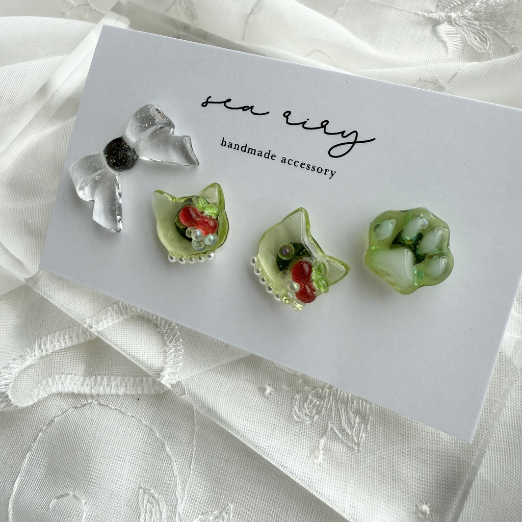 no.180 クリームソーダのねこちゃん ピアスセット さくらんぼ パール クリームソーダ 猫 ステンレス ピアス