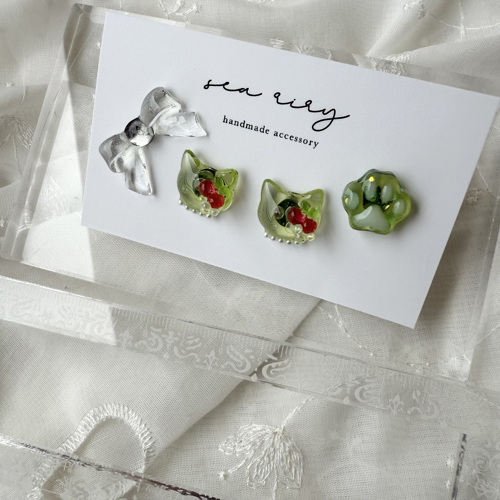 no.180 クリームソーダのねこちゃん ピアスセット さくらんぼ パール クリームソーダ 猫 ステンレス ピアス