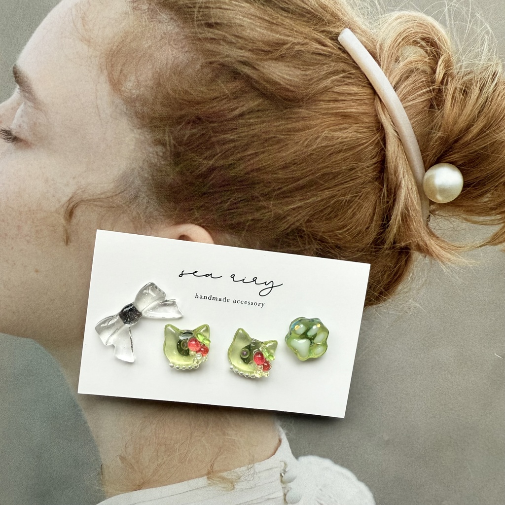 no.180 クリームソーダのねこちゃん ピアスセット さくらんぼ パール クリームソーダ 猫 ステンレス ピアス