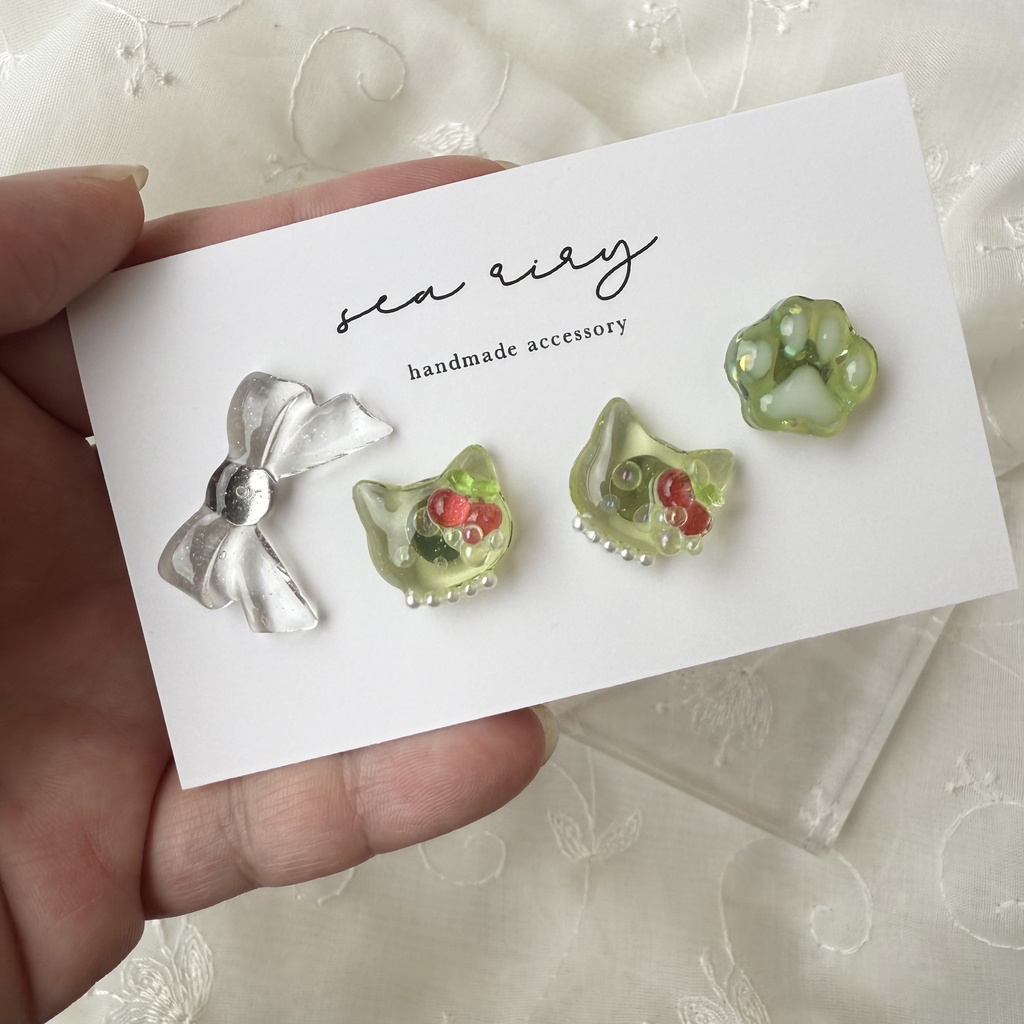 no.180 クリームソーダのねこちゃん ピアスセット さくらんぼ パール クリームソーダ 猫 ステンレス ピアス