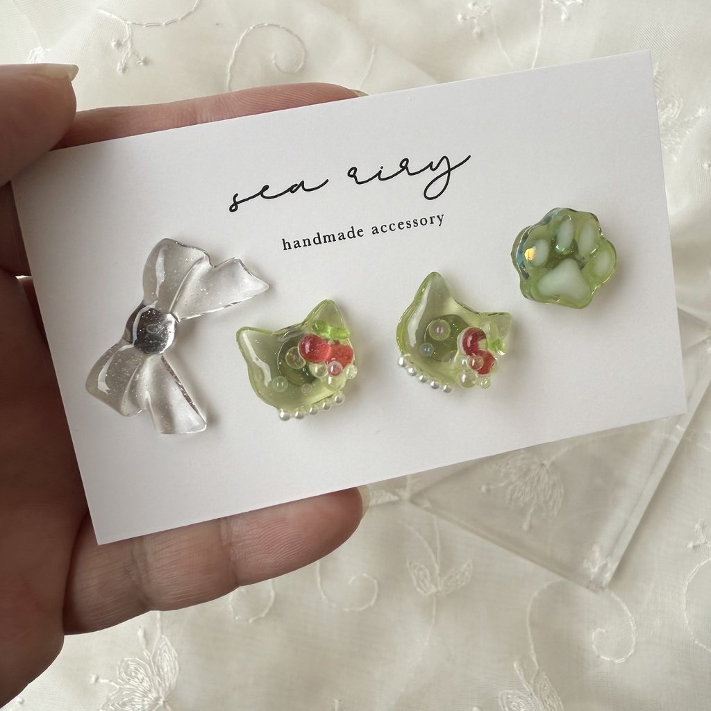 no.180 クリームソーダのねこちゃん ピアスセット さくらんぼ パール クリームソーダ 猫 ステンレス ピアス