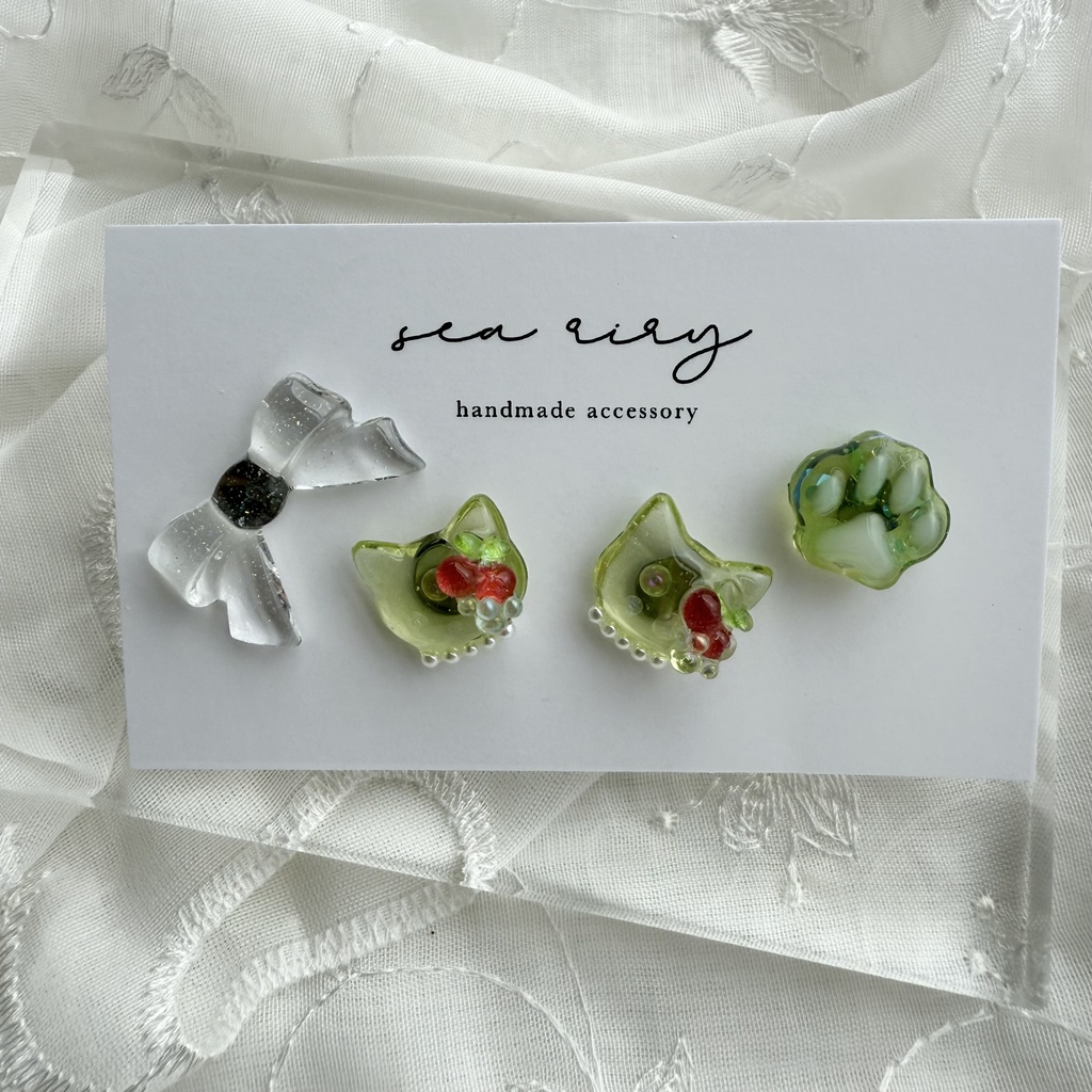 no.180 クリームソーダのねこちゃん ピアスセット さくらんぼ パール クリームソーダ 猫 ステンレス ピアス