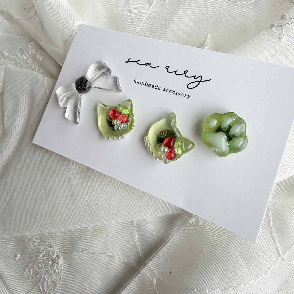 no.180 クリームソーダのねこちゃん ピアスセット さくらんぼ パール クリームソーダ 猫 ステンレス ピアス