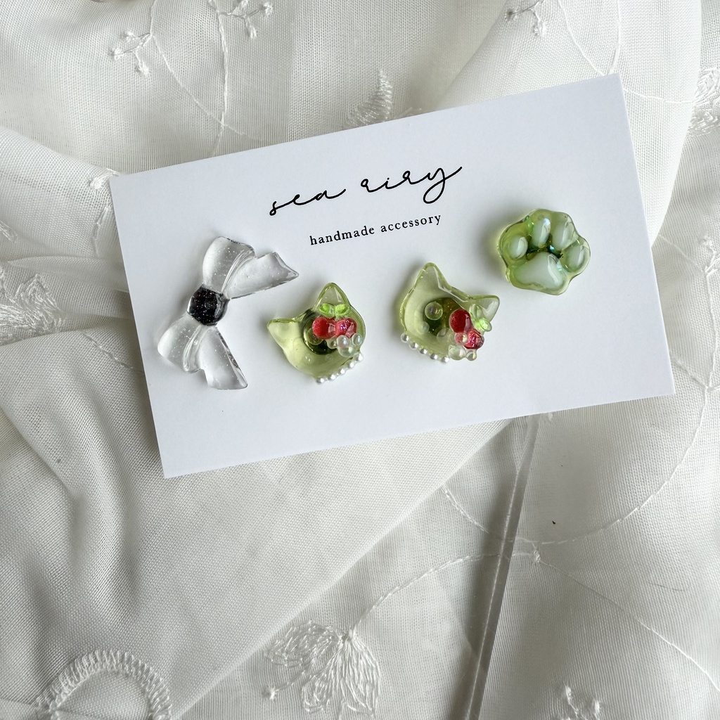 no.180 クリームソーダのねこちゃん ピアスセット さくらんぼ パール クリームソーダ 猫 ステンレス ピアス