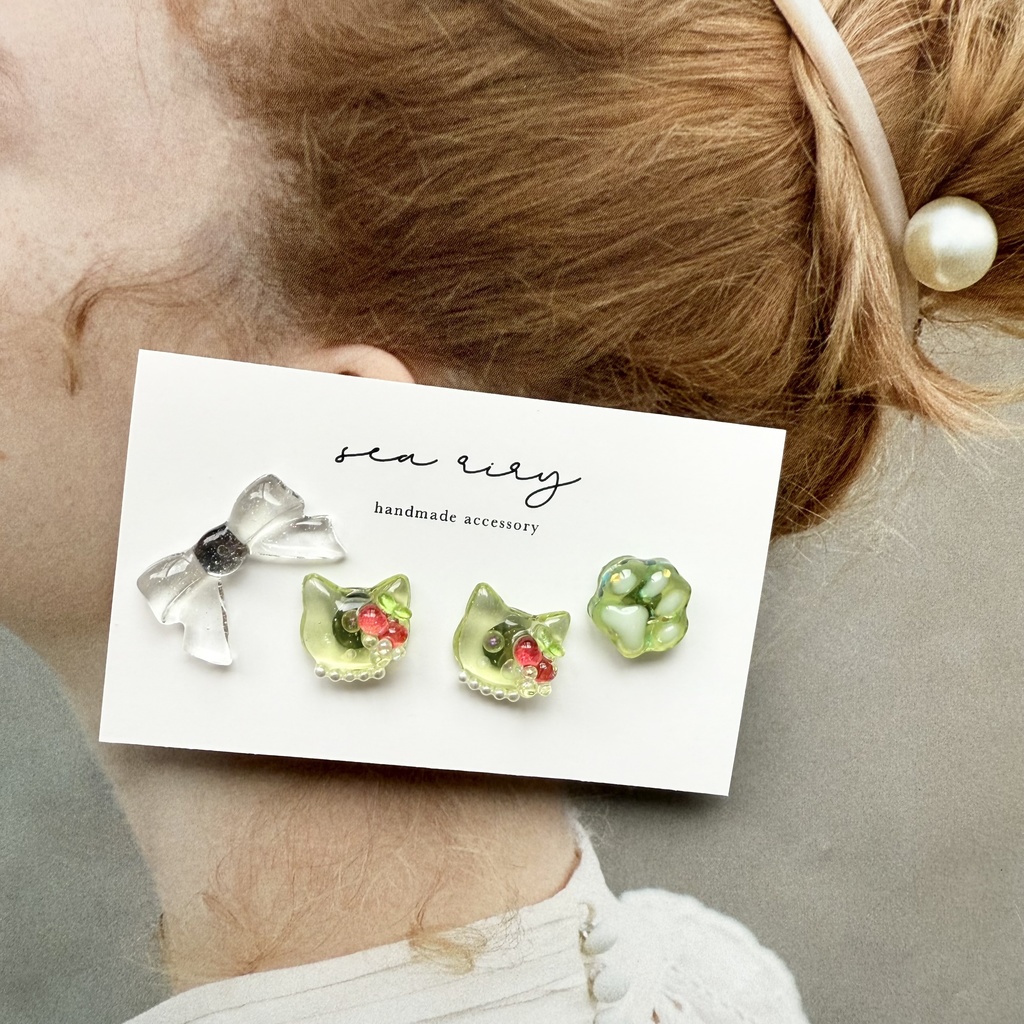 no.180 クリームソーダのねこちゃん ピアスセット さくらんぼ パール クリームソーダ 猫 ステンレス ピアス