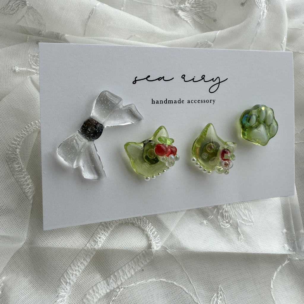 no.180 クリームソーダのねこちゃん ピアスセット さくらんぼ パール クリームソーダ 猫 ステンレス ピアス