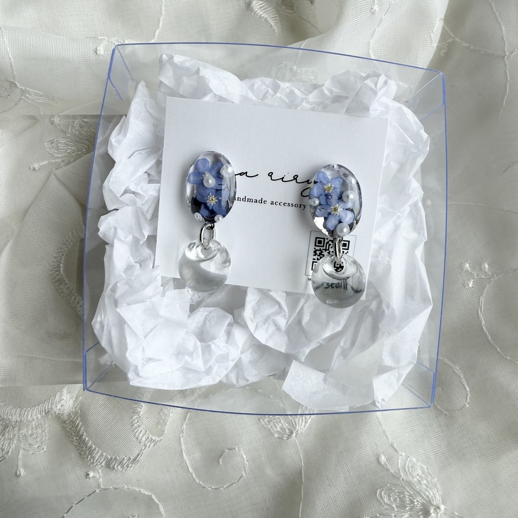 no.181 勿忘草のゆらゆらピアス 忘れな草 パール フラワー ブルー ゆらゆら ステンレス ピアス