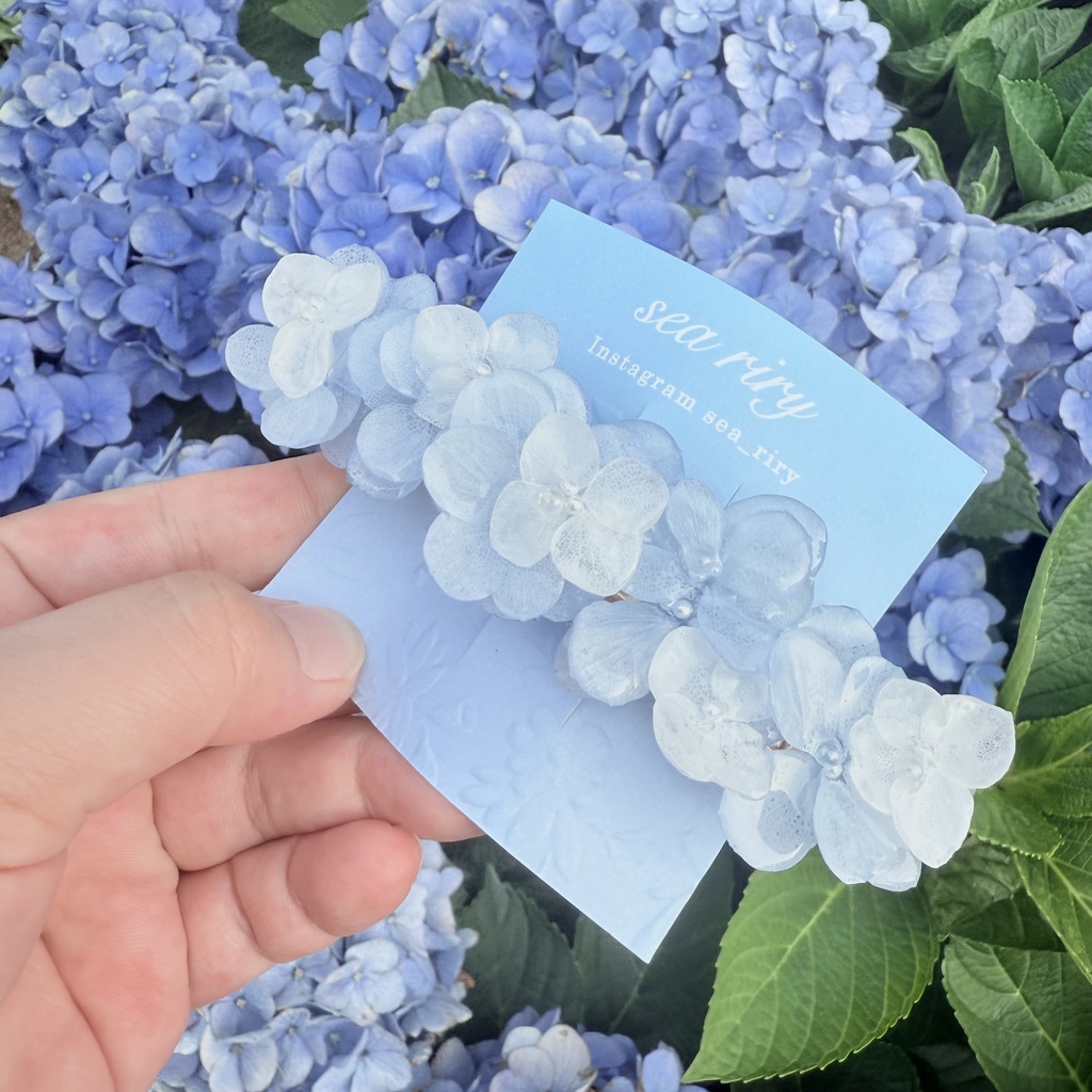no.186 再販 ブルーホワイトの紫陽花ヘアバレッタ 本物のお花 紫陽花 アナベル パール ヘアアクセサリー 髪飾り 髪留め