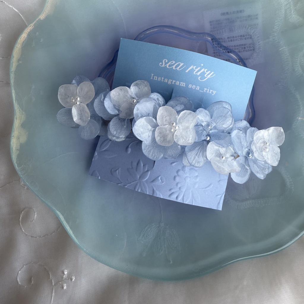 no.186 再販 ブルーホワイトの紫陽花ヘアバレッタ 本物のお花 紫陽花 アナベル パール ヘアアクセサリー 髪飾り 髪留め