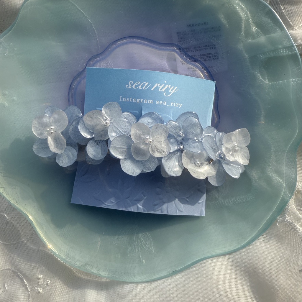 no.186 再販 ブルーホワイトの紫陽花ヘアバレッタ 本物のお花 紫陽花 アナベル パール ヘアアクセサリー 髪飾り 髪留め