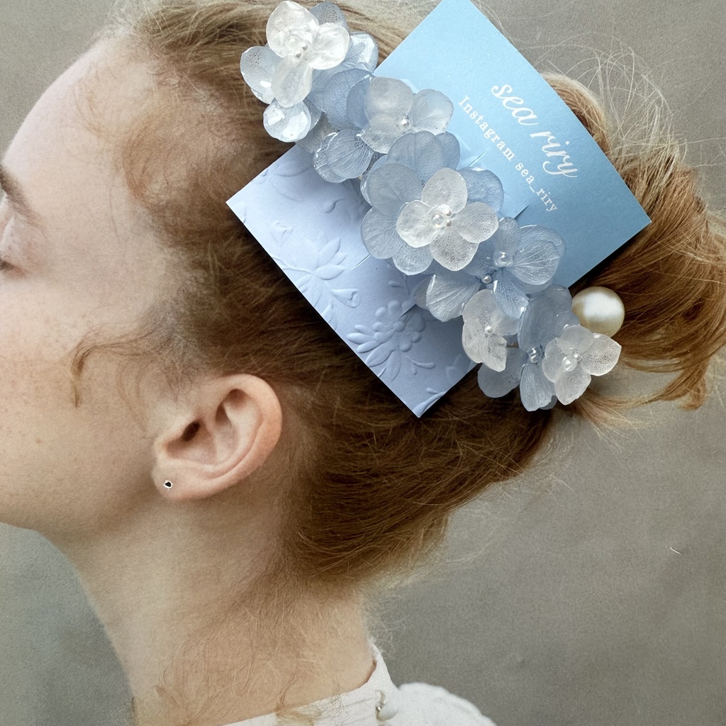 no.186 再販 ブルーホワイトの紫陽花ヘアバレッタ 本物のお花 紫陽花 アナベル パール ヘアアクセサリー 髪飾り 髪留め