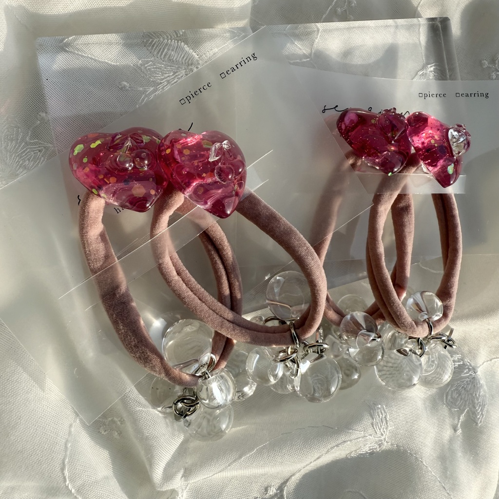 no.188 つぶつぶさくらんぼ つぶつぶいちご ヘアゴム チェリー 苺 ハート ピンク ヘアアクセサリー キッズ