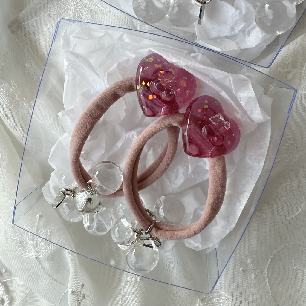 no.188 つぶつぶさくらんぼ つぶつぶいちご ヘアゴム チェリー 苺 ハート ピンク ヘアアクセサリー キッズ