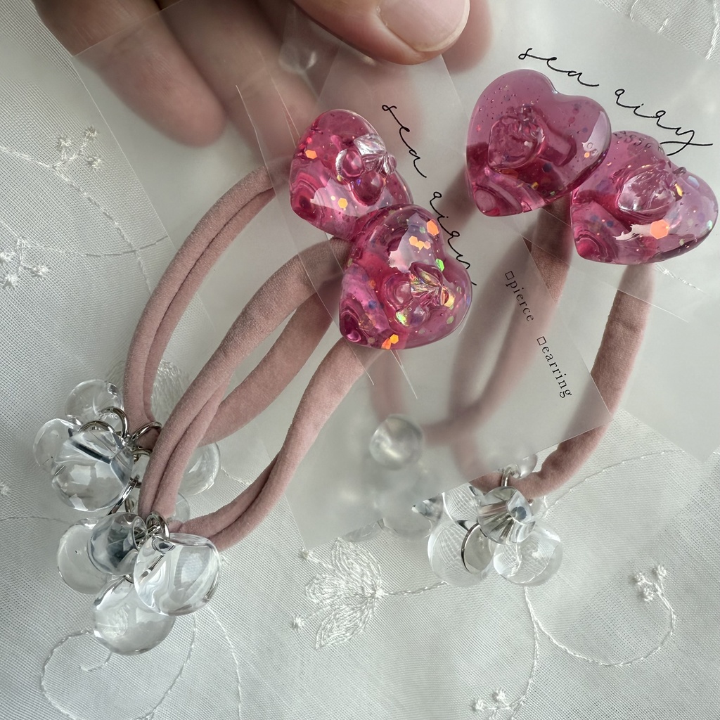 no.188 つぶつぶさくらんぼ つぶつぶいちご ヘアゴム チェリー 苺 ハート ピンク ヘアアクセサリー キッズ