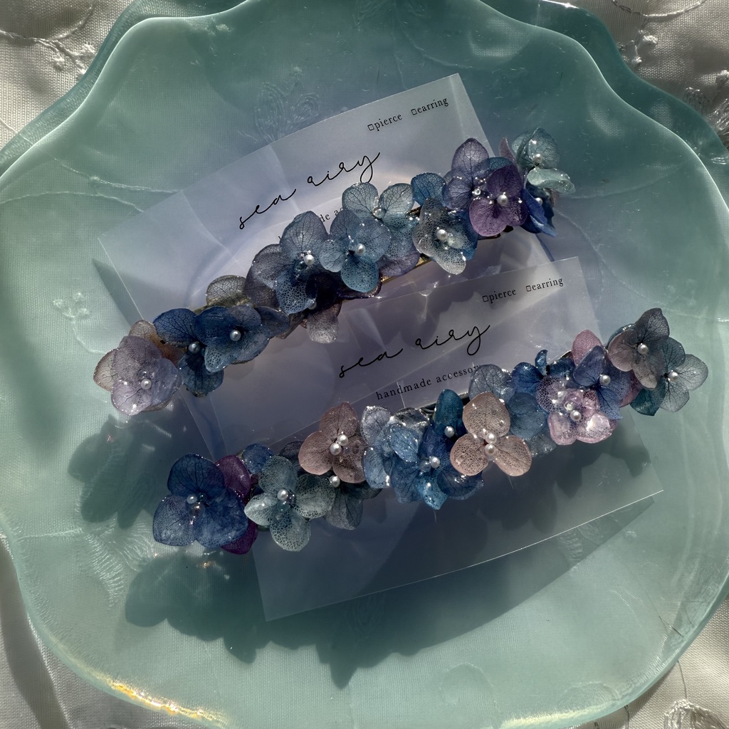 no.189 パープルミックスの紫陽花のヘアバレッタ 本物のお花 紫陽花 アナベル パープル ブルー 髪飾り 髪留め 浴衣 着物