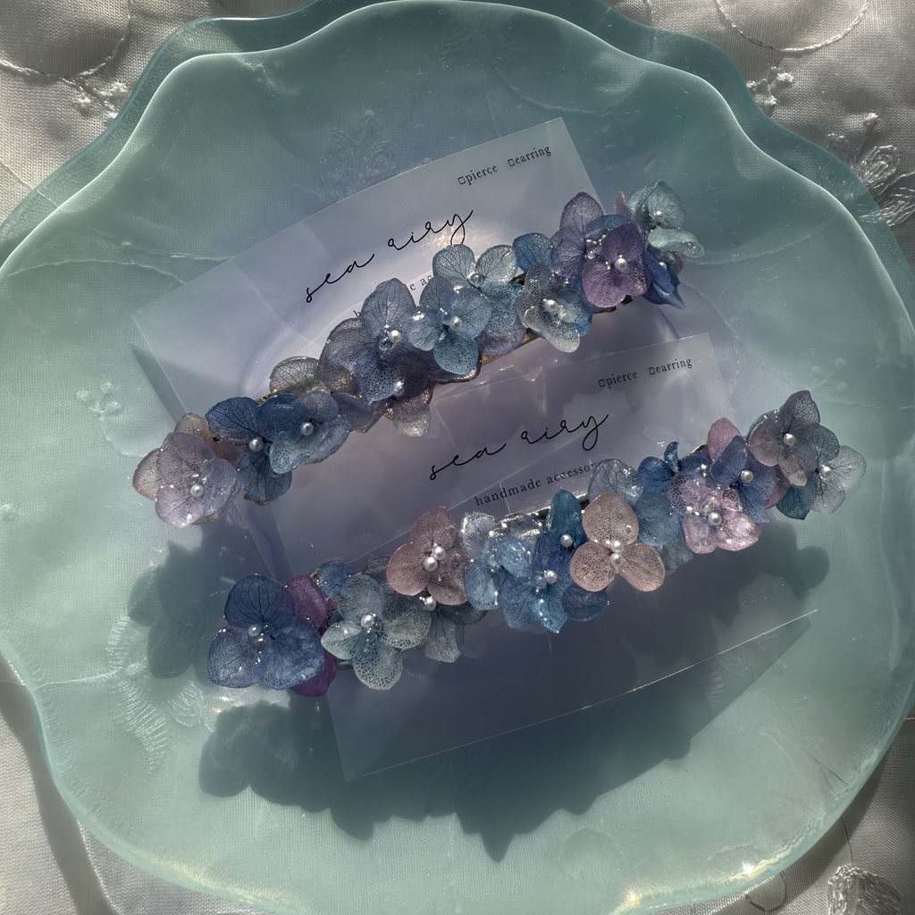 no.189 パープルミックスの紫陽花のヘアバレッタ 本物のお花 紫陽花 アナベル パープル ブルー 髪飾り 髪留め 浴衣 着物