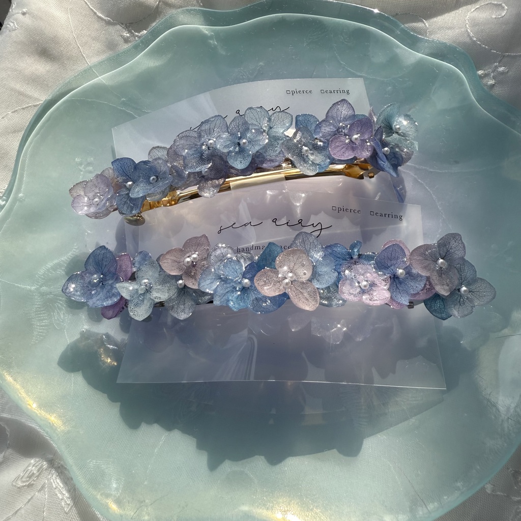 no.189 パープルミックスの紫陽花のヘアバレッタ 本物のお花 紫陽花 アナベル パープル ブルー 髪飾り 髪留め 浴衣 着物