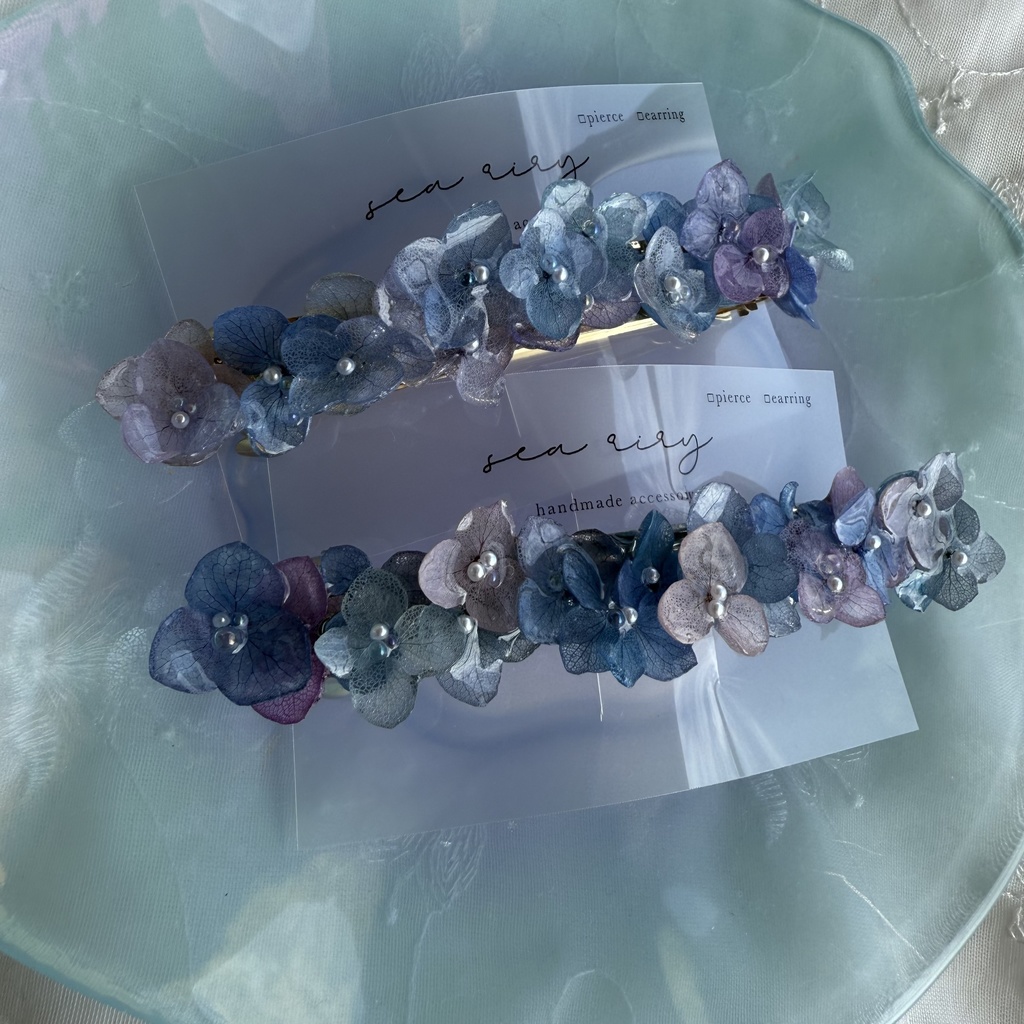 no.189 パープルミックスの紫陽花のヘアバレッタ 本物のお花 紫陽花 アナベル パープル ブルー 髪飾り 髪留め 浴衣 着物