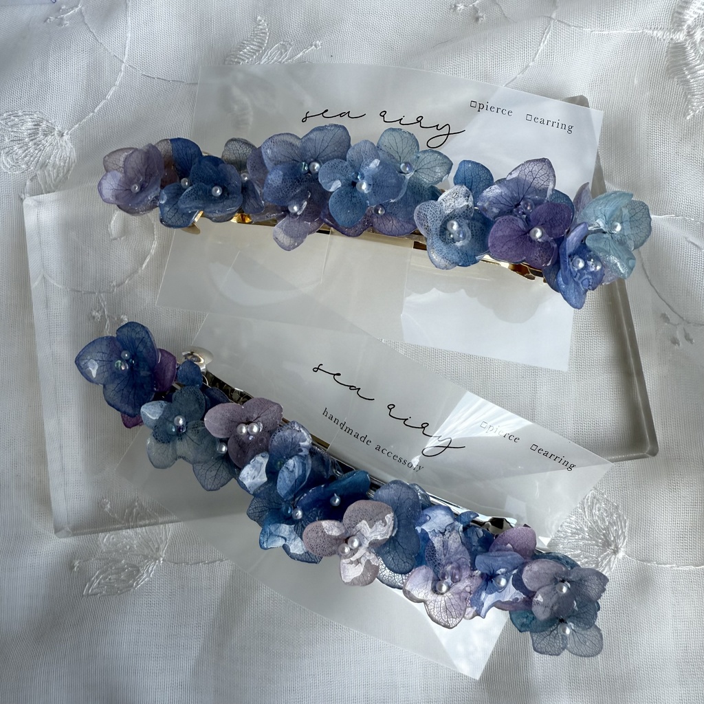 no.189 パープルミックスの紫陽花のヘアバレッタ 本物のお花 紫陽花 アナベル パープル ブルー 髪飾り 髪留め 浴衣 着物