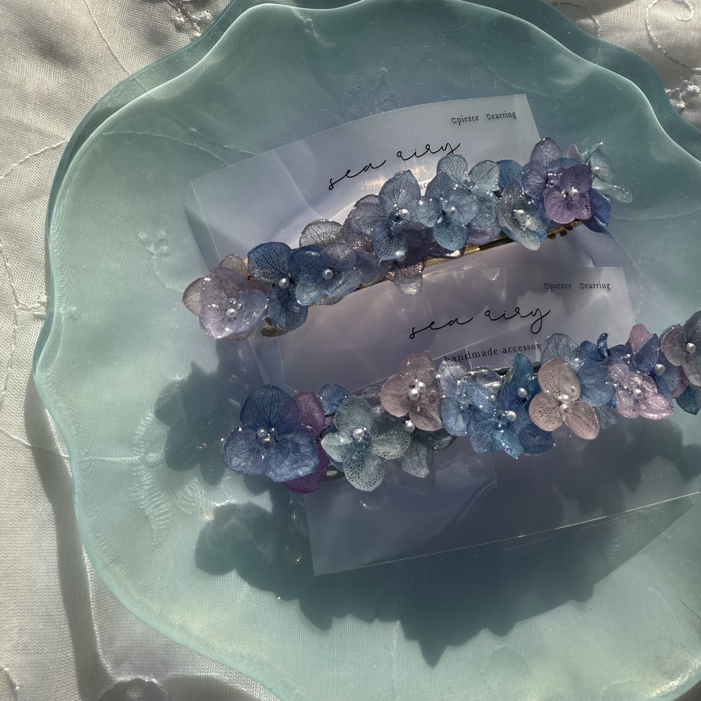 no.189 パープルミックスの紫陽花のヘアバレッタ 本物のお花 紫陽花 アナベル パープル ブルー 髪飾り 髪留め 浴衣 着物