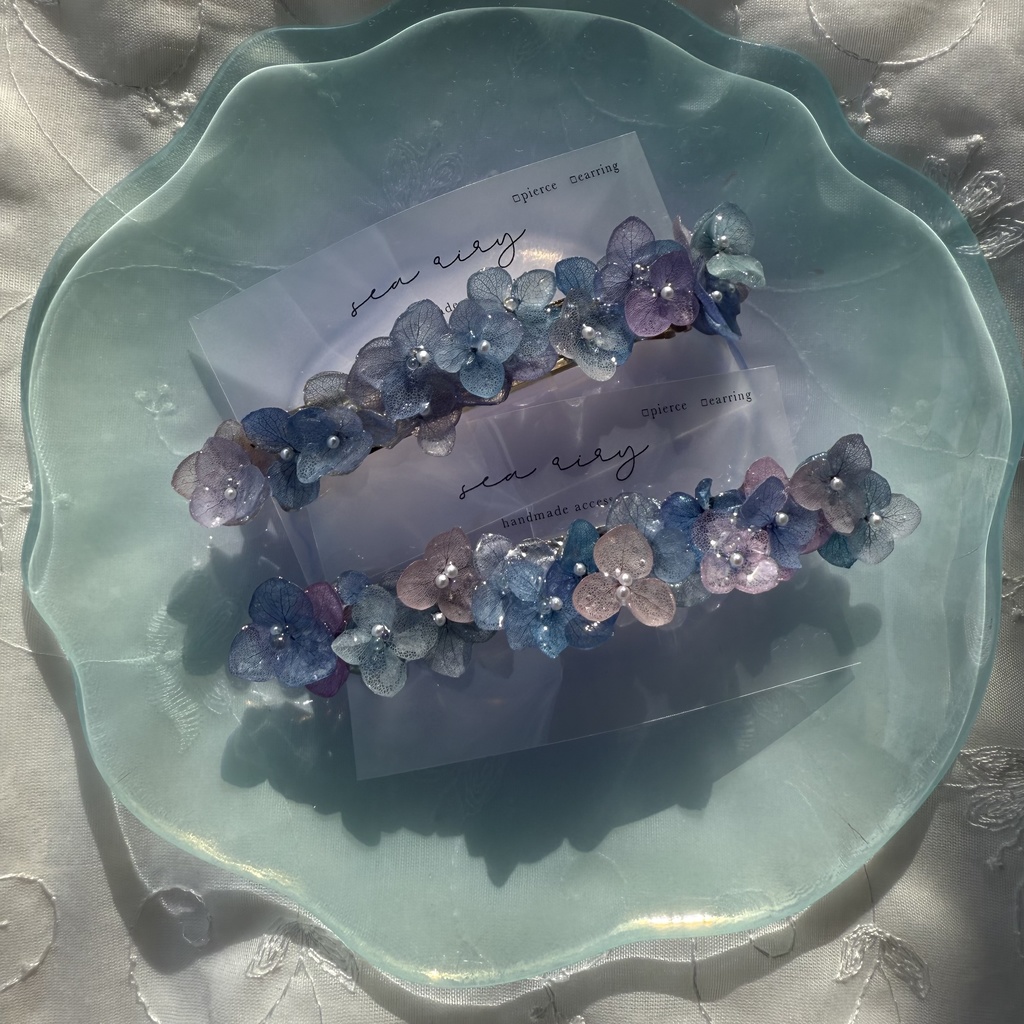 no.189 パープルミックスの紫陽花のヘアバレッタ 本物のお花 紫陽花 アナベル パープル ブルー 髪飾り 髪留め 浴衣 着物