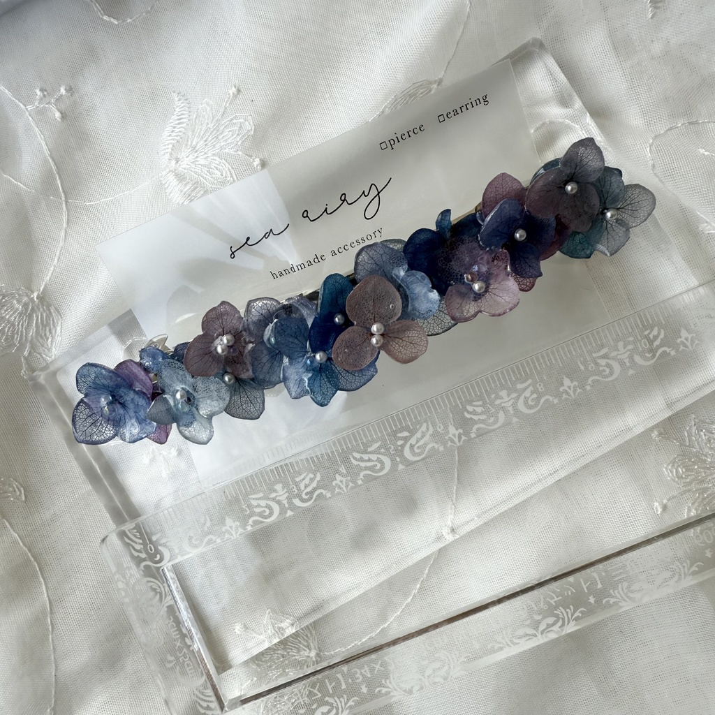 no.189 パープルミックスの紫陽花のヘアバレッタ 本物のお花 紫陽花 アナベル パープル ブルー 髪飾り 髪留め 浴衣 着物