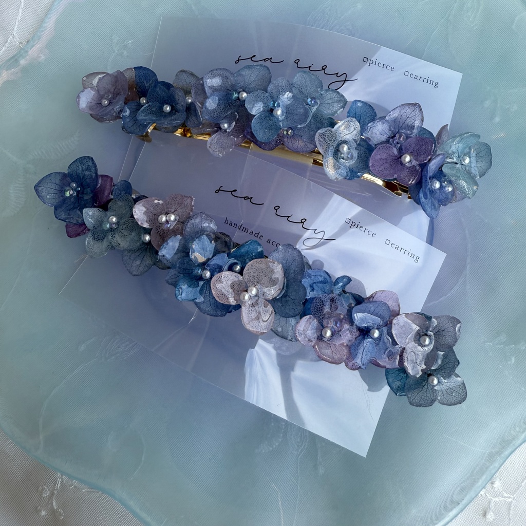 no.189 パープルミックスの紫陽花のヘアバレッタ 本物のお花 紫陽花 アナベル パープル ブルー 髪飾り 髪留め 浴衣 着物