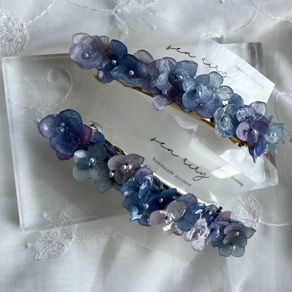 no.189 パープルミックスの紫陽花のヘアバレッタ 本物のお花 紫陽花 アナベル パープル ブルー 髪飾り 髪留め 浴衣 着物