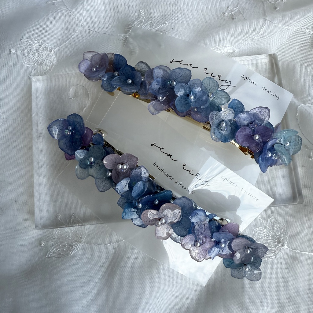 no.189 パープルミックスの紫陽花のヘアバレッタ 本物のお花 紫陽花 アナベル パープル ブルー 髪飾り 髪留め 浴衣 着物