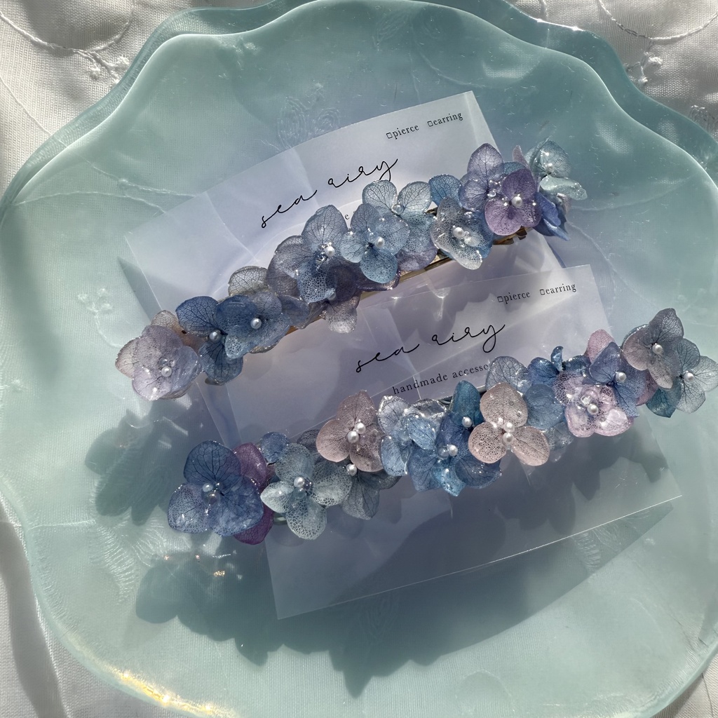 no.189 パープルミックスの紫陽花のヘアバレッタ 本物のお花 紫陽花 アナベル パープル ブルー 髪飾り 髪留め 浴衣 着物