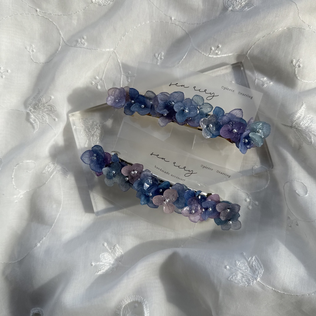 no.189 パープルミックスの紫陽花のヘアバレッタ 本物のお花 紫陽花 アナベル パープル ブルー 髪飾り 髪留め 浴衣 着物