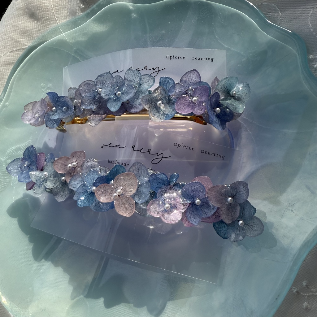 no.189 パープルミックスの紫陽花のヘアバレッタ 本物のお花 紫陽花 アナベル パープル ブルー 髪飾り 髪留め 浴衣 着物