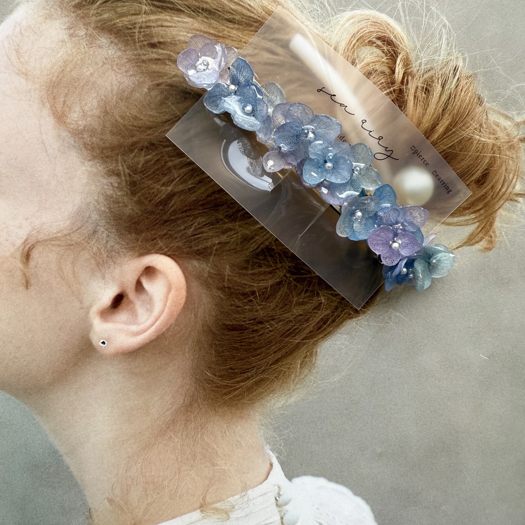 no.189 パープルミックスの紫陽花のヘアバレッタ 本物のお花 紫陽花 アナベル パープル ブルー 髪飾り 髪留め 浴衣 着物