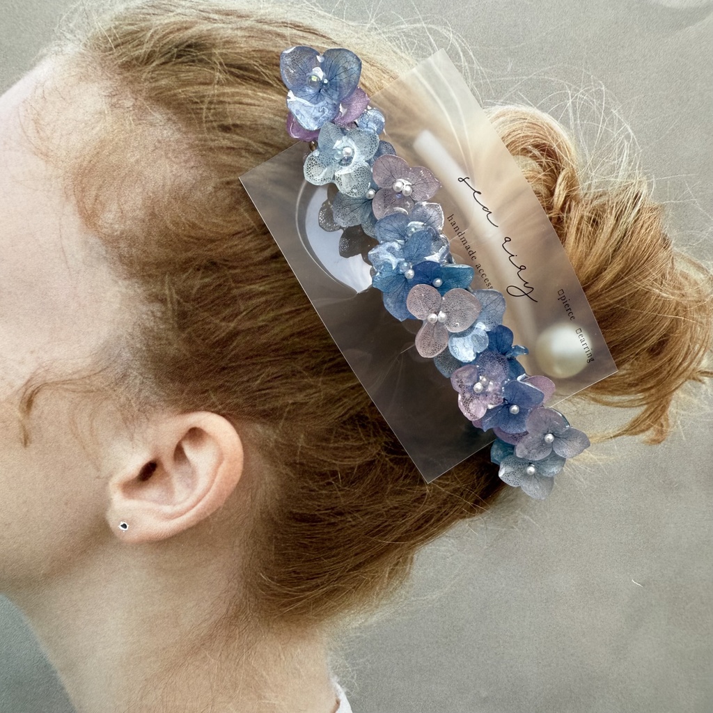 no.189 パープルミックスの紫陽花のヘアバレッタ 本物のお花 紫陽花 アナベル パープル ブルー 髪飾り 髪留め 浴衣 着物