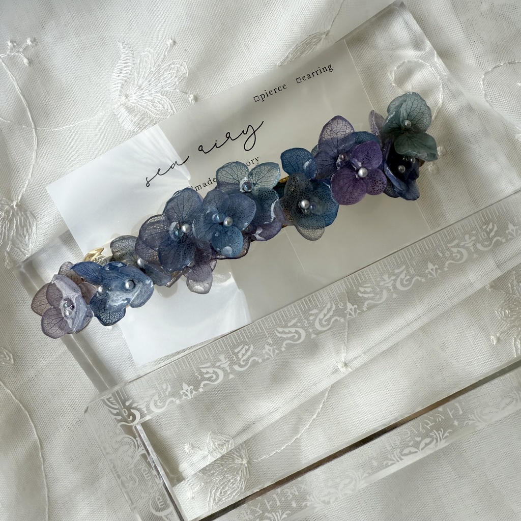 no.189 パープルミックスの紫陽花のヘアバレッタ 本物のお花 紫陽花 アナベル パープル ブルー 髪飾り 髪留め 浴衣 着物