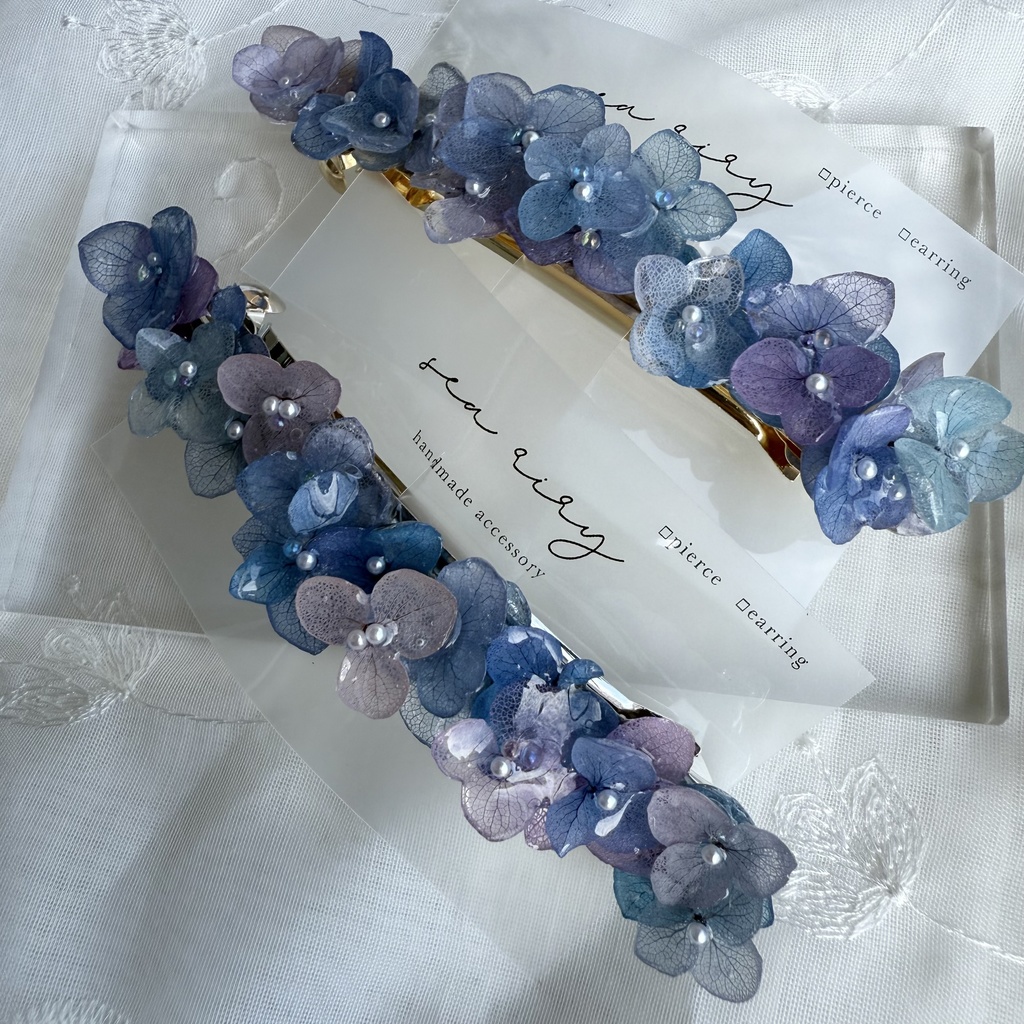 no.189 パープルミックスの紫陽花のヘアバレッタ 本物のお花 紫陽花 アナベル パープル ブルー 髪飾り 髪留め 浴衣 着物