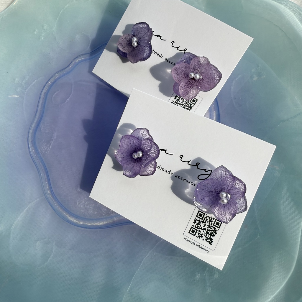 no.190 ちいさなお花のピアス 本物のお花 アジサイ 紫陽花 アナベル パープル 紫 ステンレス ピアス
