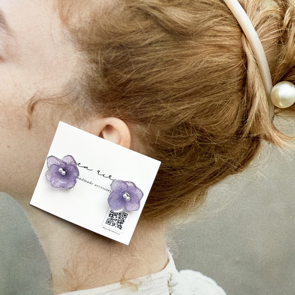 no.190 ちいさなお花のピアス 本物のお花 アジサイ 紫陽花 アナベル パープル 紫 ステンレス ピアス