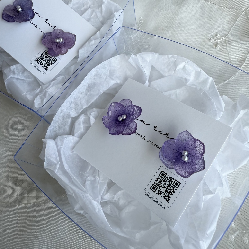 no.190 ちいさなお花のピアス 本物のお花 アジサイ 紫陽花 アナベル パープル 紫 ステンレス ピアス