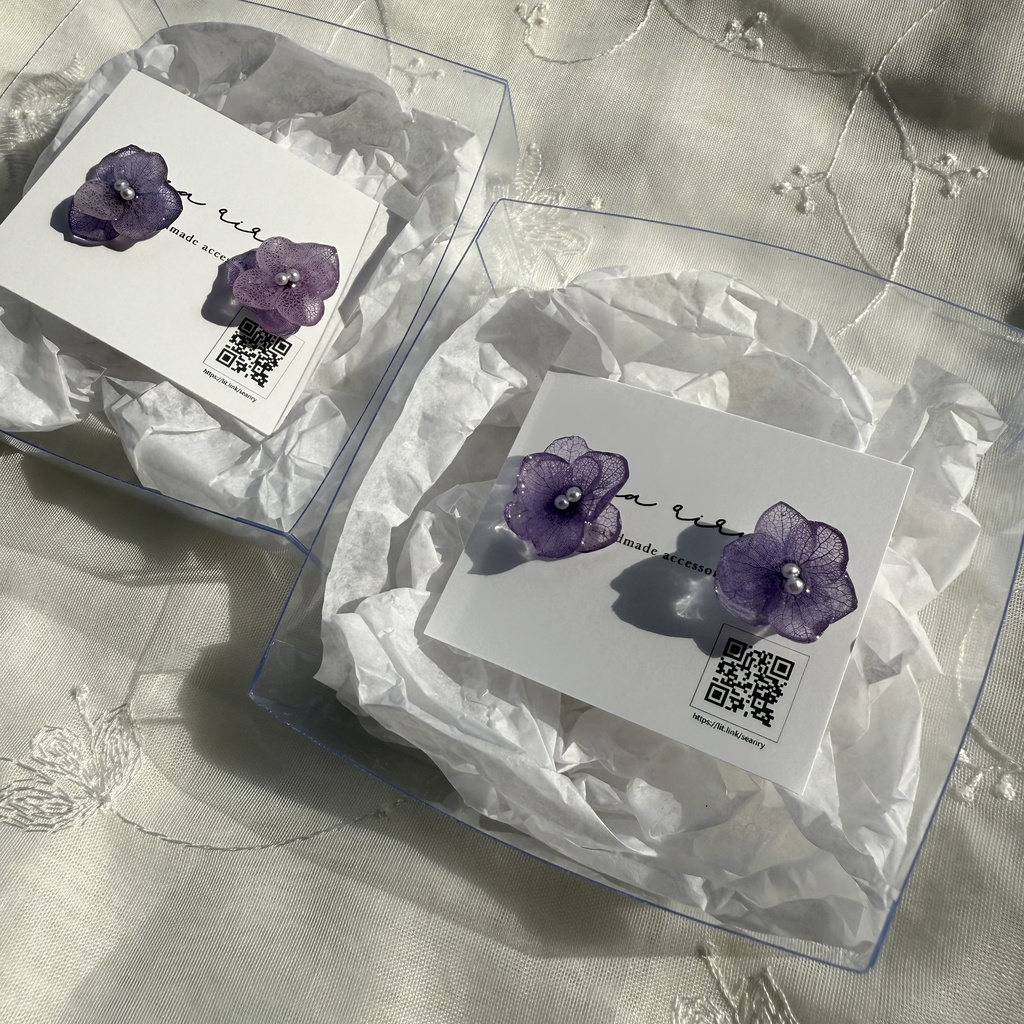 no.190 ちいさなお花のピアス 本物のお花 アジサイ 紫陽花 アナベル パープル 紫 ステンレス ピアス