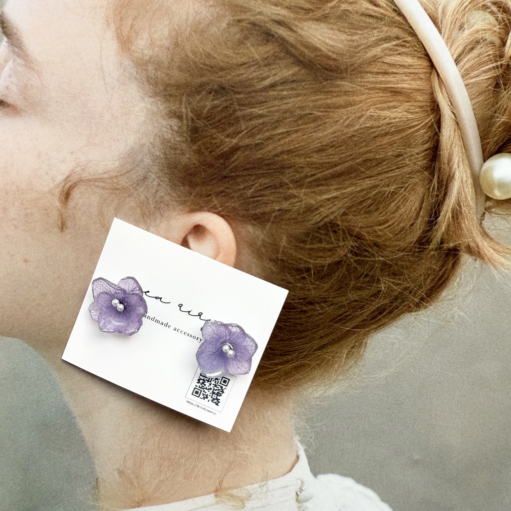 no.190 ちいさなお花のピアス 本物のお花 アジサイ 紫陽花 アナベル パープル 紫 ステンレス ピアス