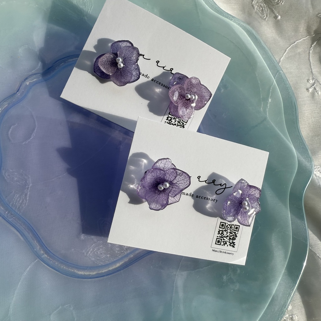 no.190 ちいさなお花のピアス 本物のお花 アジサイ 紫陽花 アナベル パープル 紫 ステンレス ピアス