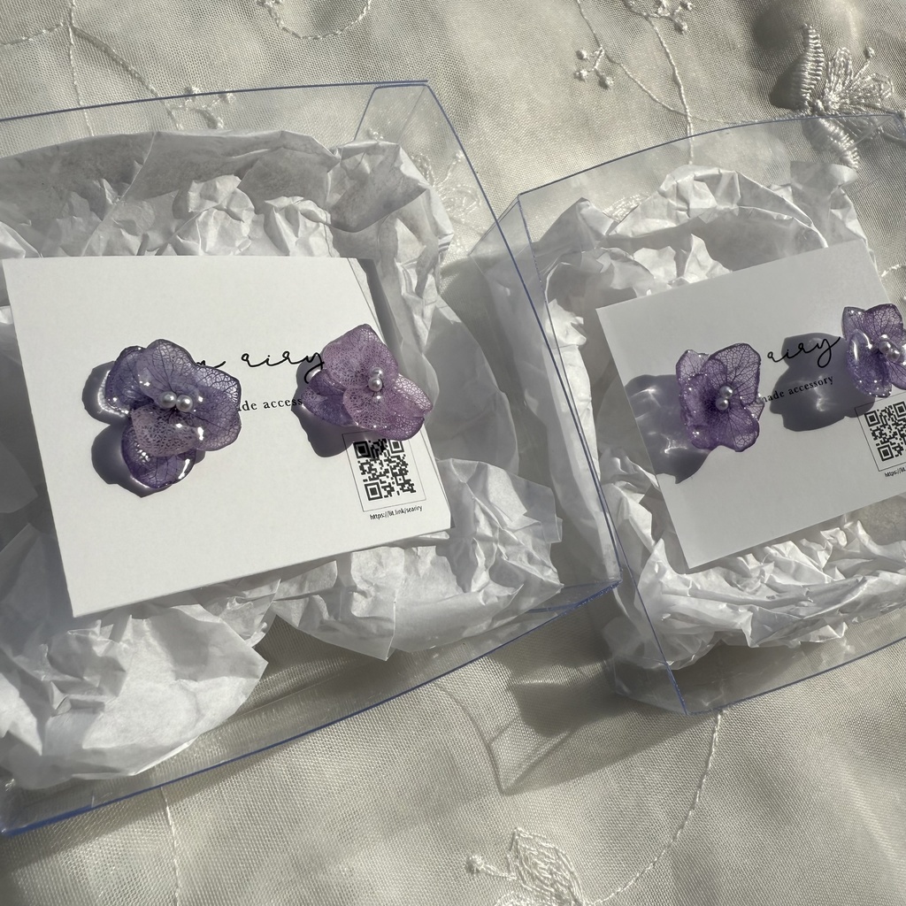 no.190 ちいさなお花のピアス 本物のお花 アジサイ 紫陽花 アナベル パープル 紫 ステンレス ピアス