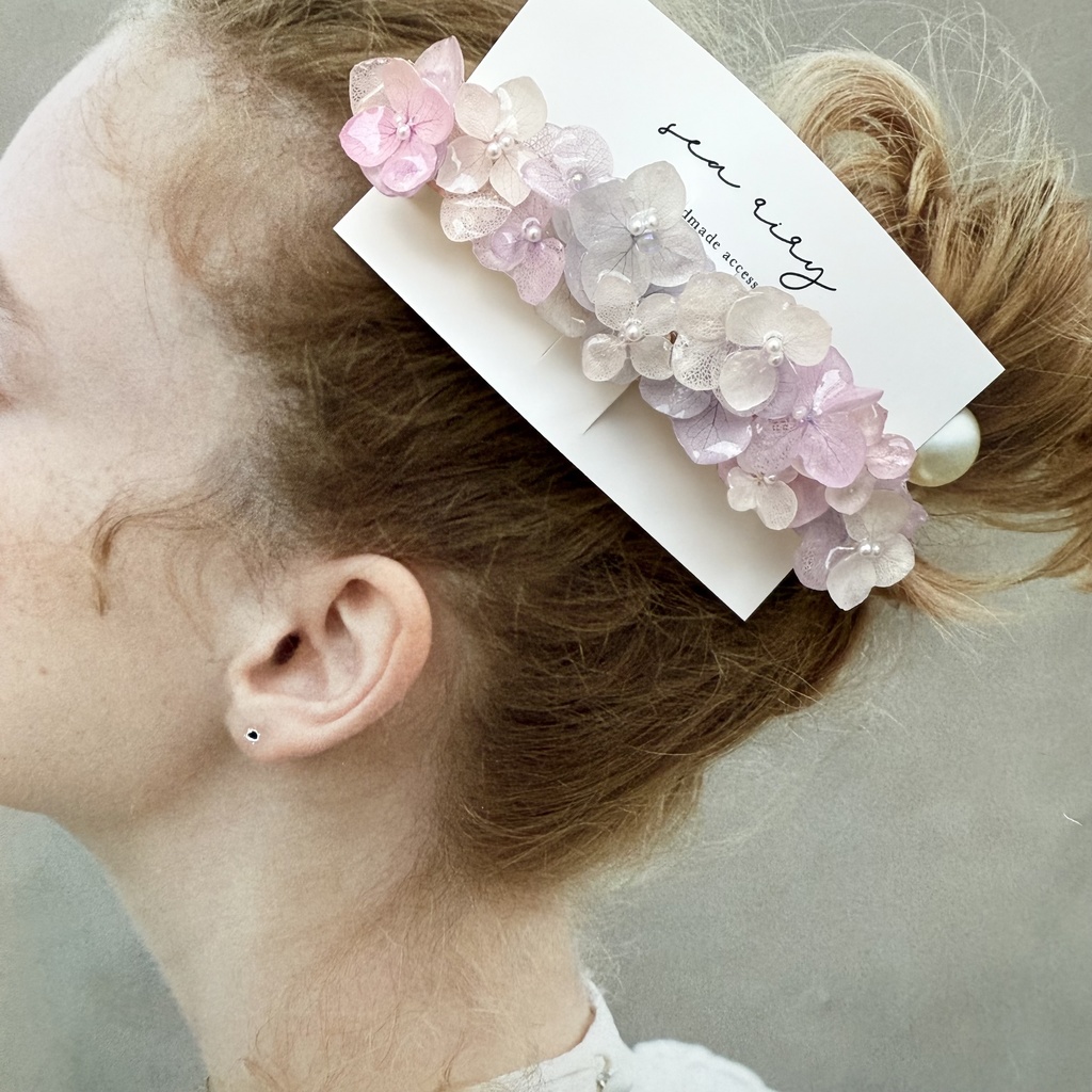 no.191 パステルライラックmixの紫陽花ヘアバレッタ 本物のお花 アジサイ パール ヘアアクセサリー 髪留め 浴衣 着物