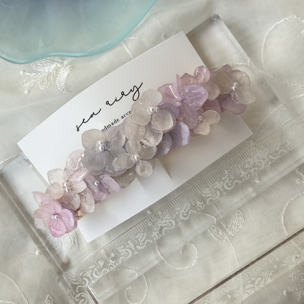 no.191 パステルライラックmixの紫陽花ヘアバレッタ 本物のお花 アジサイ パール ヘアアクセサリー 髪留め 浴衣 着物